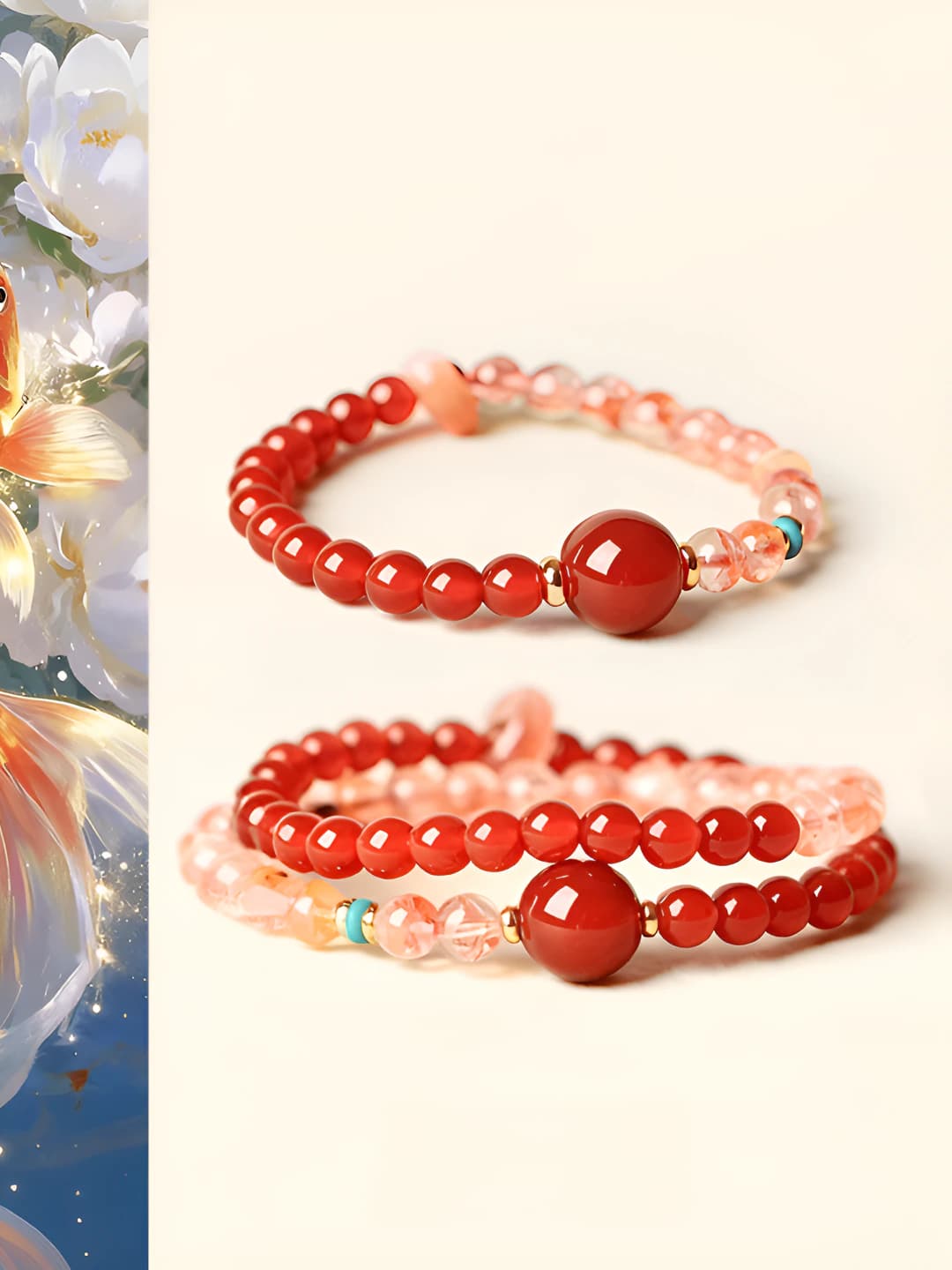 Women's double-strand bracelet made of natural red agate and purple crystal