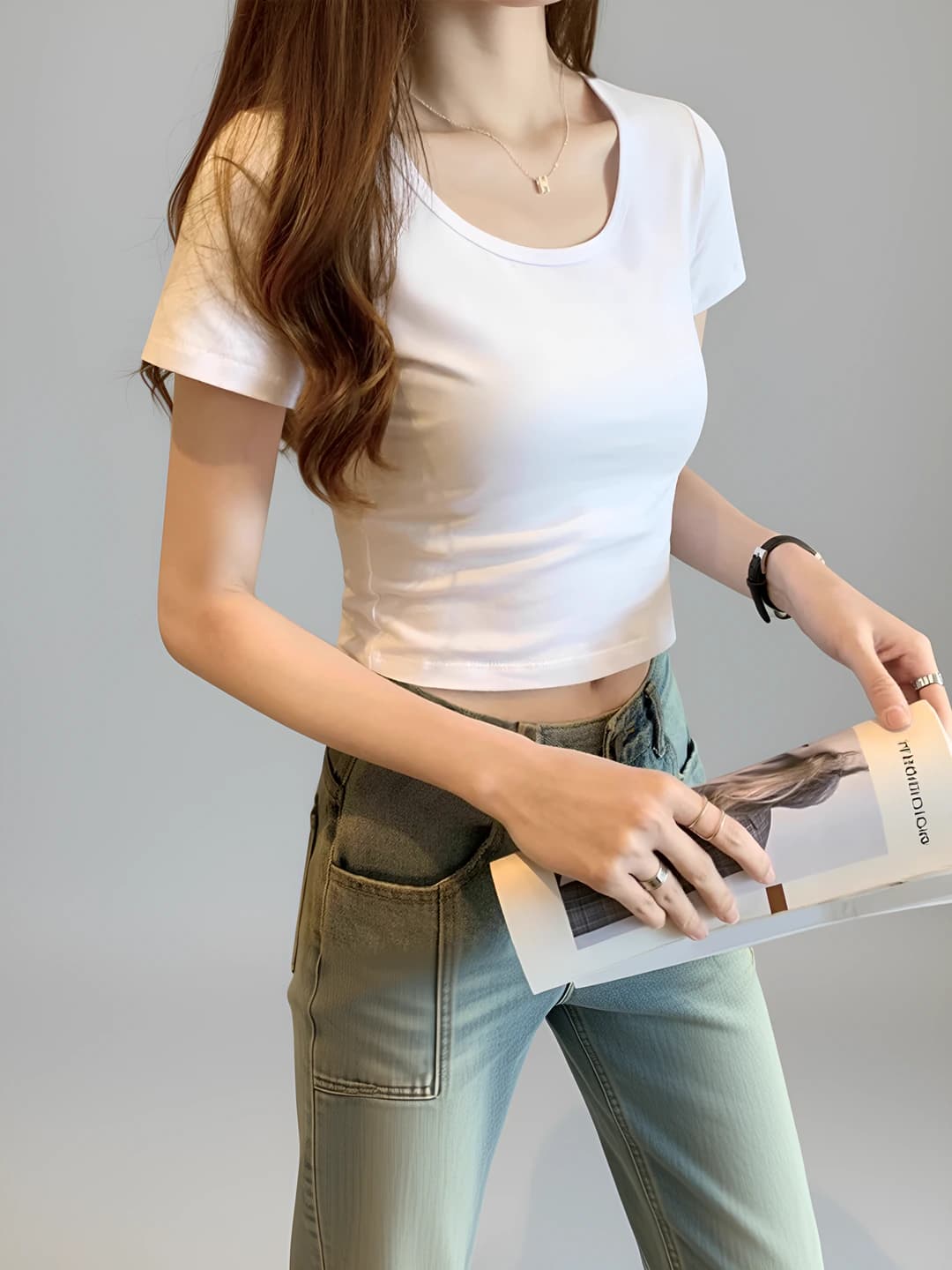 Women's short sleeve crop t-shirt, low neckline, slim fit, pure cotton, new design 2026, solid colour, summer