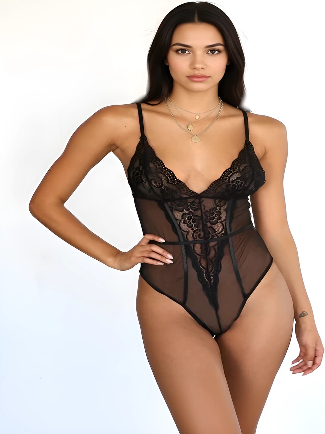 Ayollar uchun dantel shaffof bodysuit ichki kiyim, qora rang, 30%-50% poliester