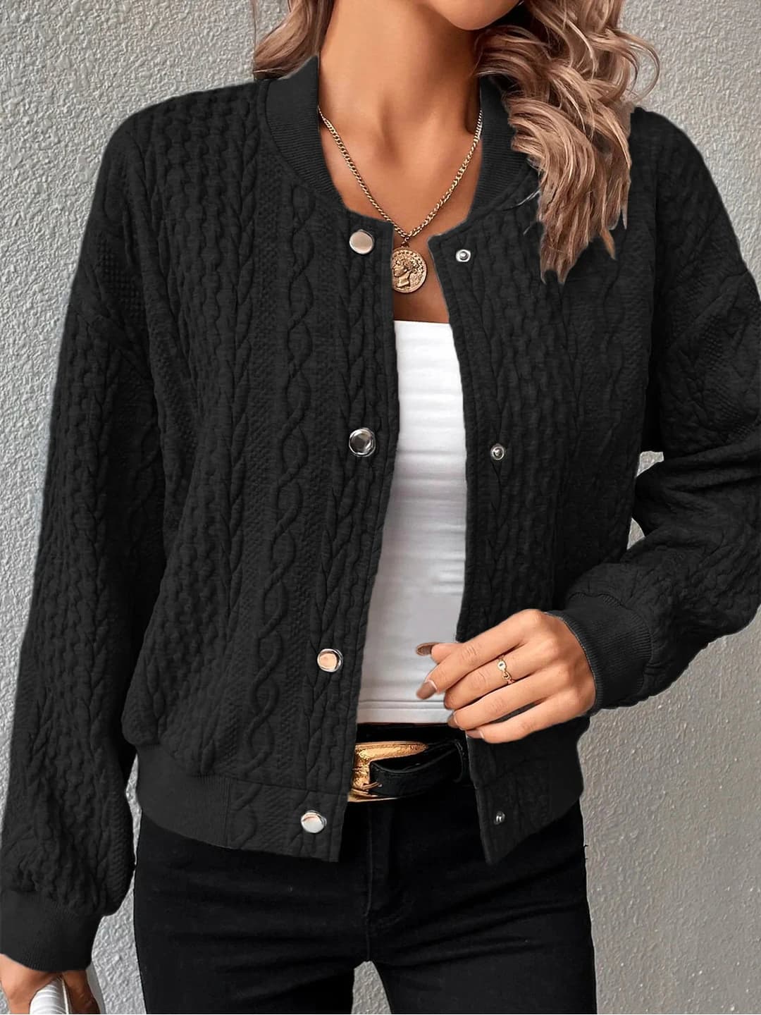 Women's 2026 autumn bomber jacket with stand collar, long sleeve, solid colour, loose fit, made of polyester, casual style