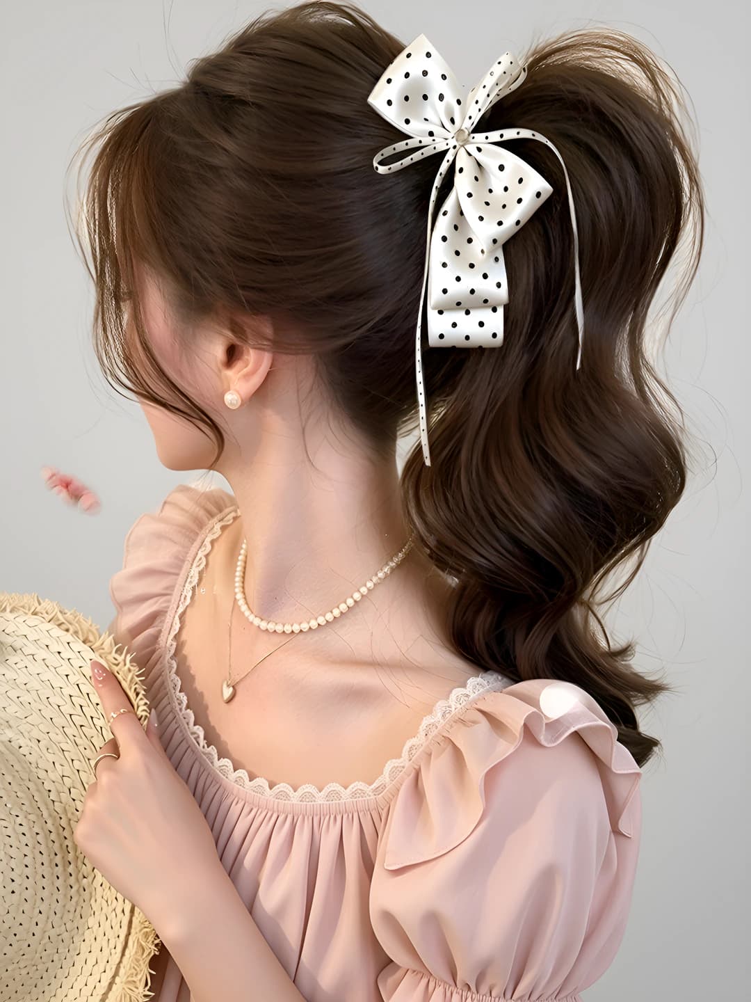Beige polka dot banana clip ~13 cm, bow ~16 cm