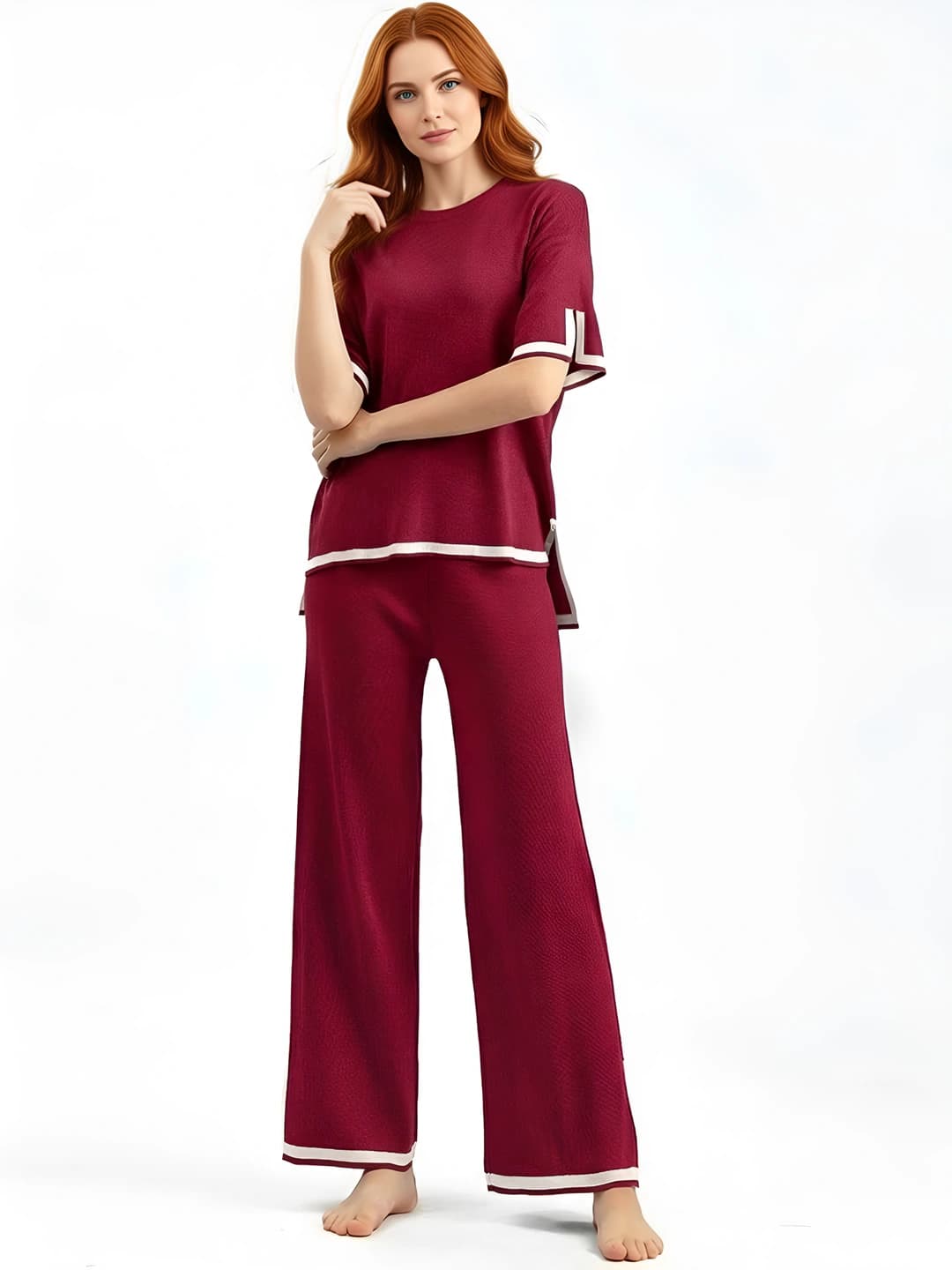 Women's summer set: short sleeve knit top and wide-leg trousers, slimming, OL style