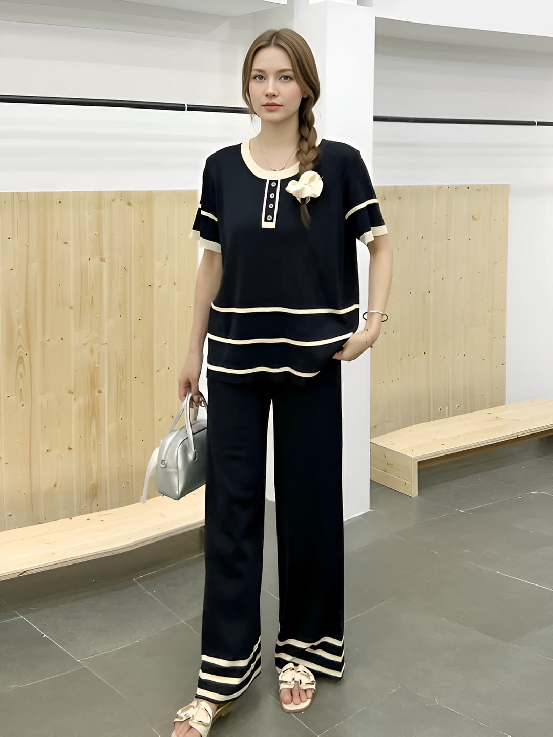 Women's spring-summer casual knit set: crew neck striped/checked knit top and trousers