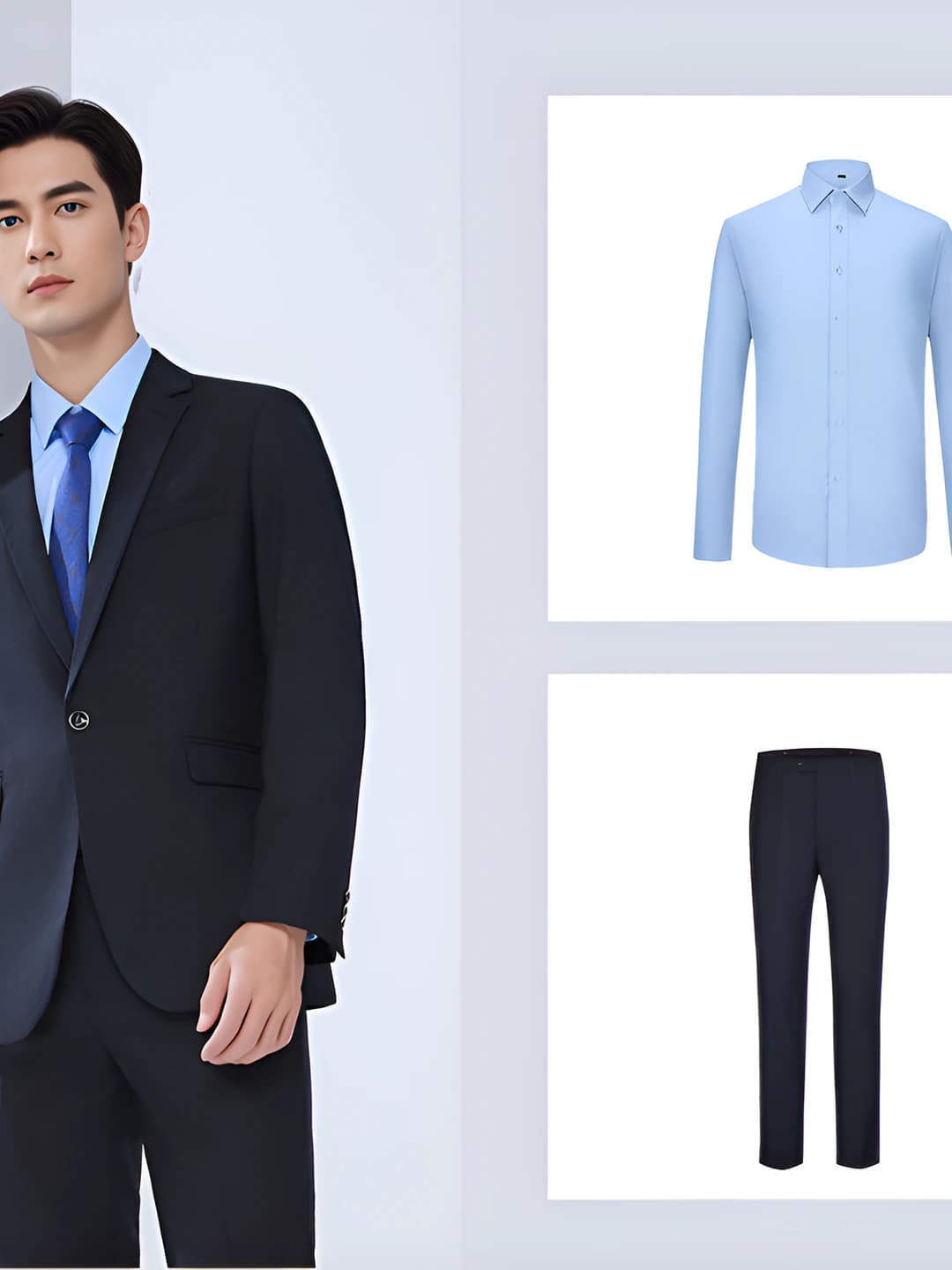 Navy suit + men's trousers + shirt
