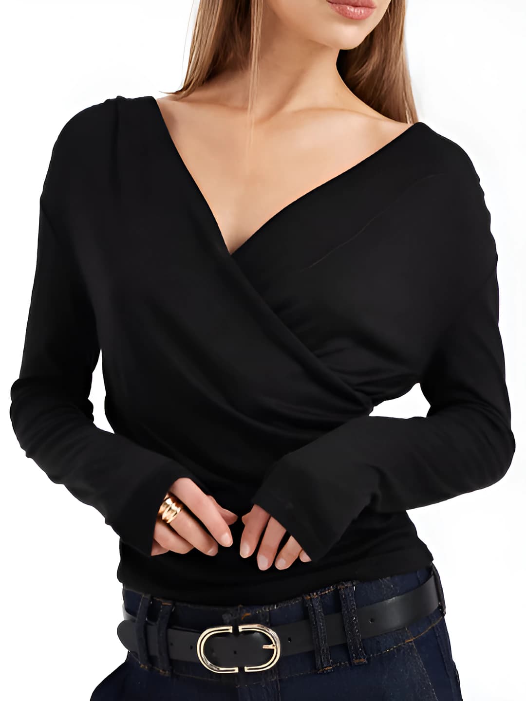 Women's long sleeve V-neck solid colour casual longsleeve