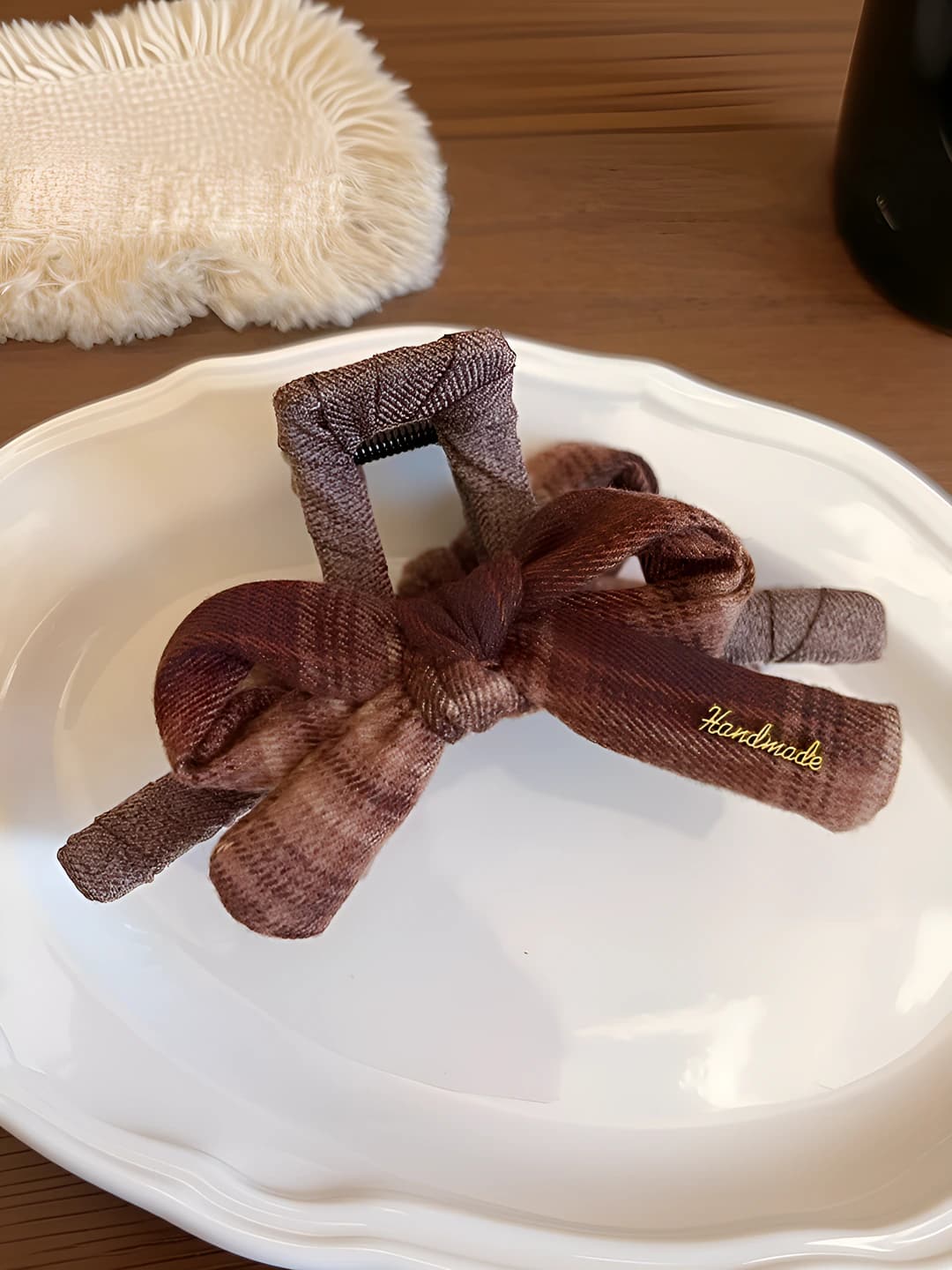 Coffee plaid bow 12.5 cm