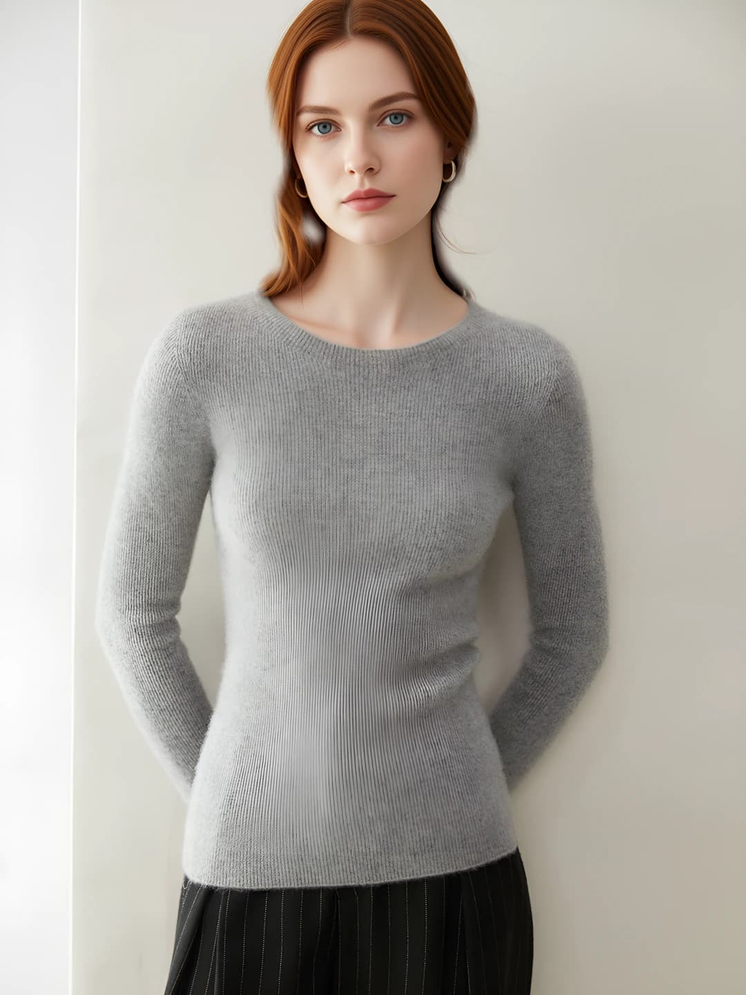 Women's cashmere sweater, crew neck, slim fit, long sleeve, solid colour, autumn-winter
