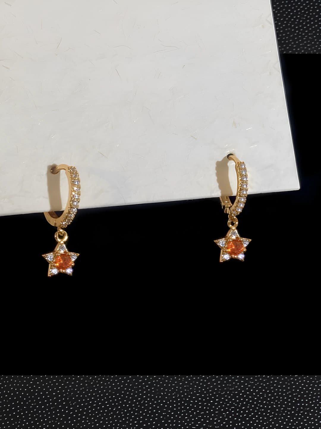 Five-pointed star pendant hoop earrings pair - copper real gold plated
