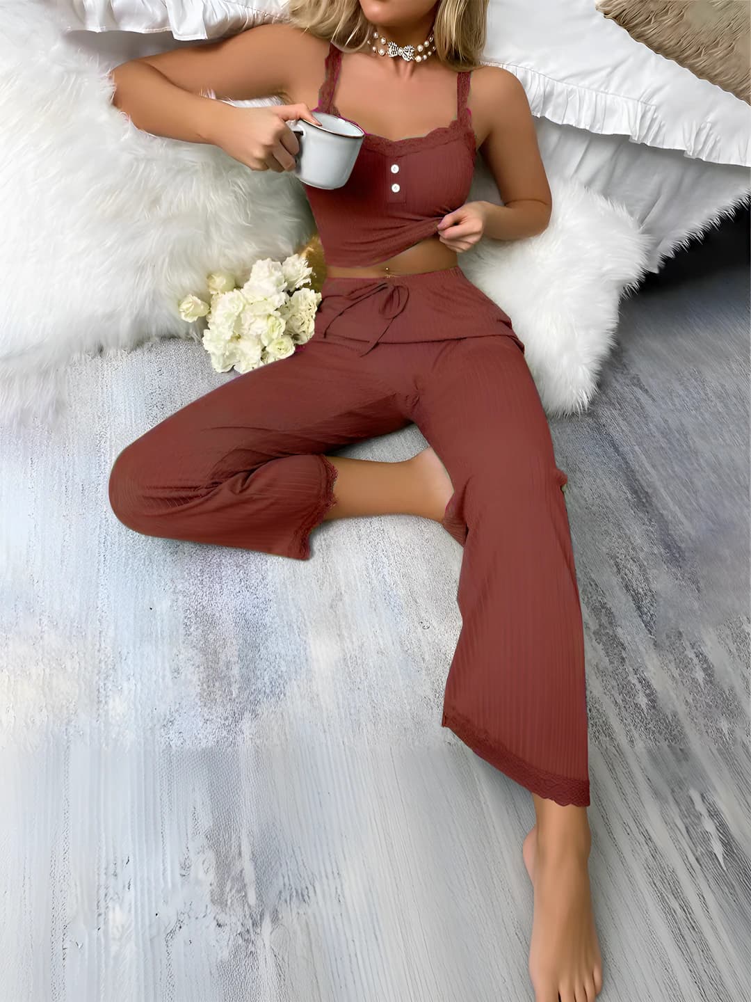 Women's loungewear set: lace sleeveless camisole top and trousers, polyester, U-neck, casual, breathable, stretch, all seasons