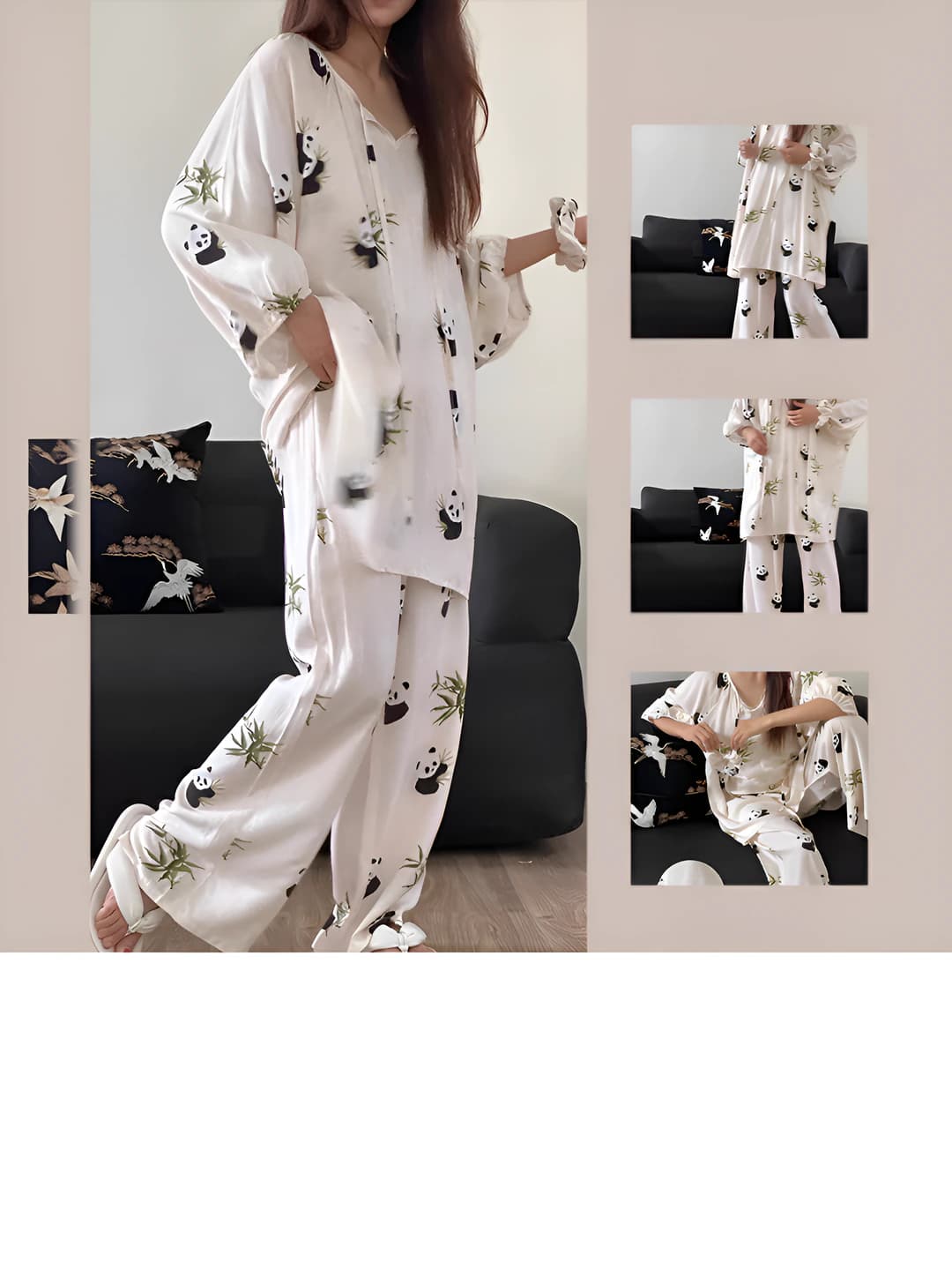 Ayollar uchun kuzgi panda bosma naqshli pijama to'plami (uzun yengli ko'ylak va uzun shim)