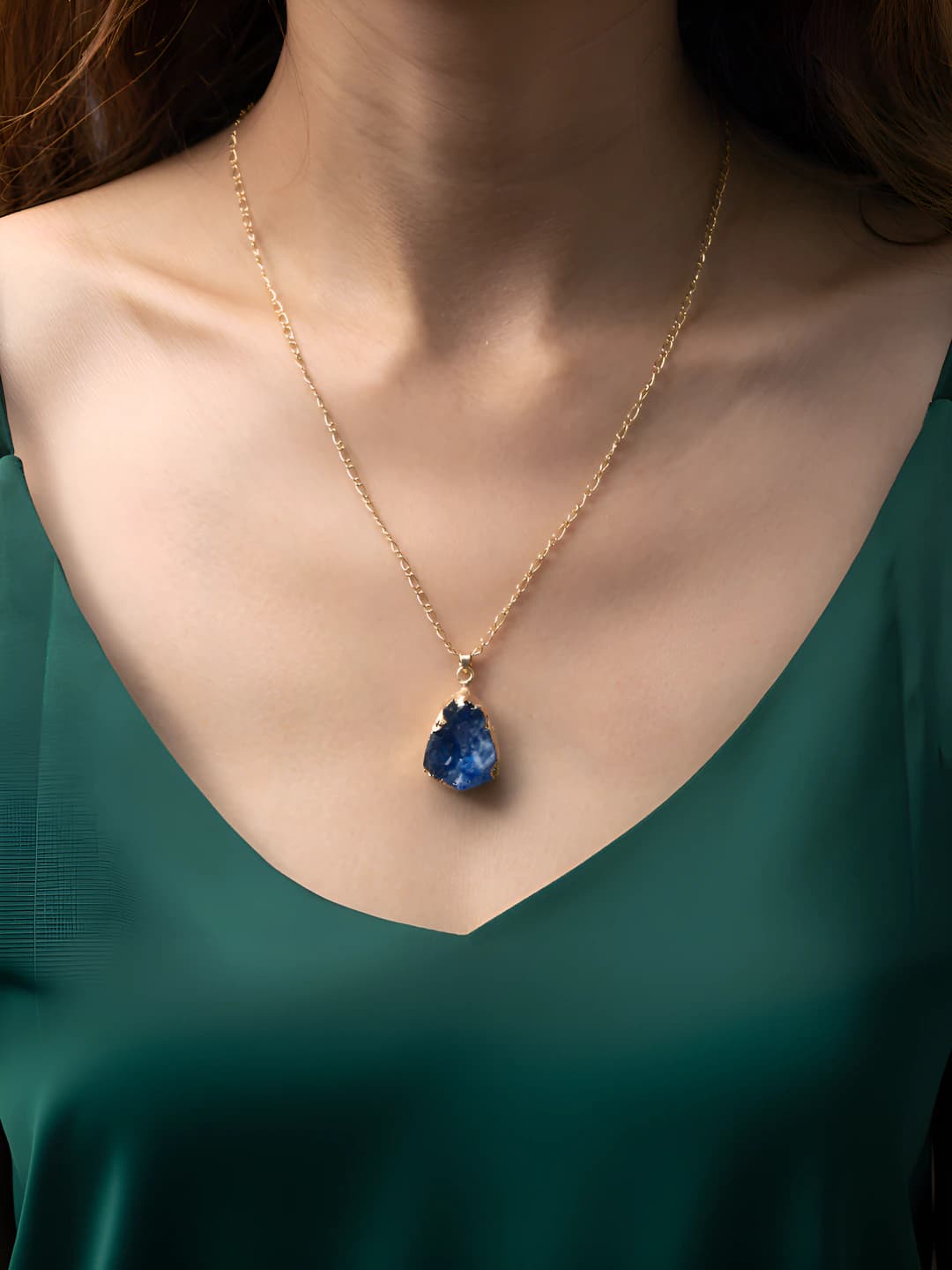 Women's necklace with blue sapphire, simple design, luxury style, multicolor, geometric design element