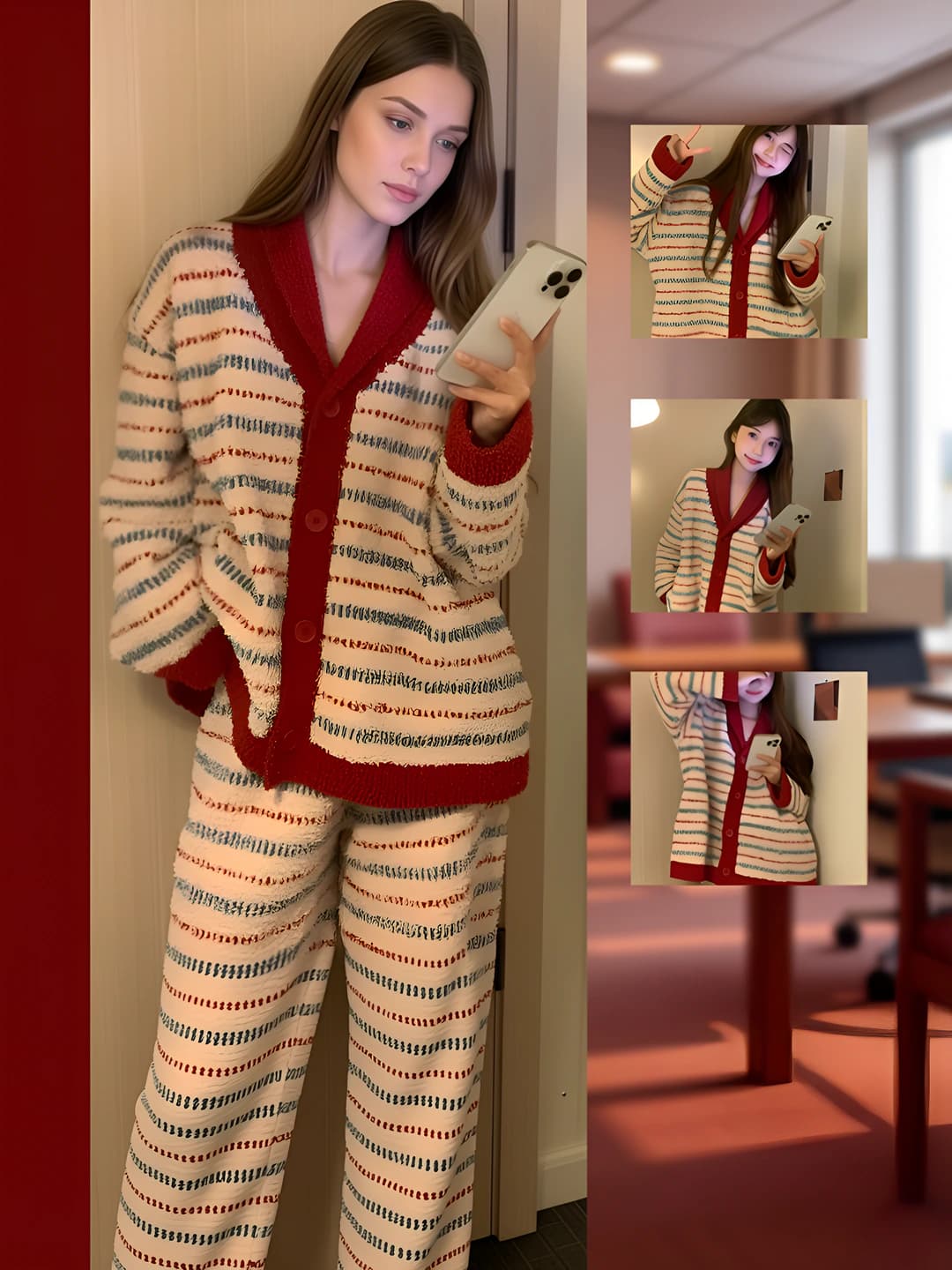 Women's retro style warm fleece-lined striped pyjamas set for autumn-winter