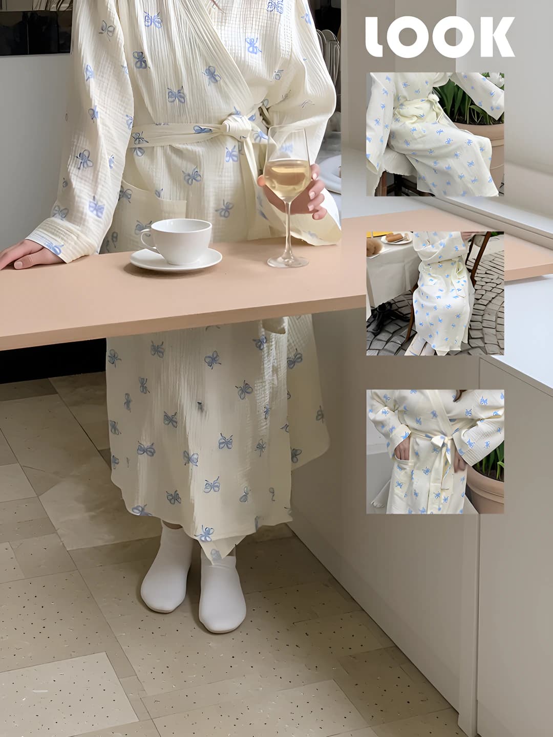 Women's house robe with blue printed pattern, V-neck, for spring-autumn and winter
