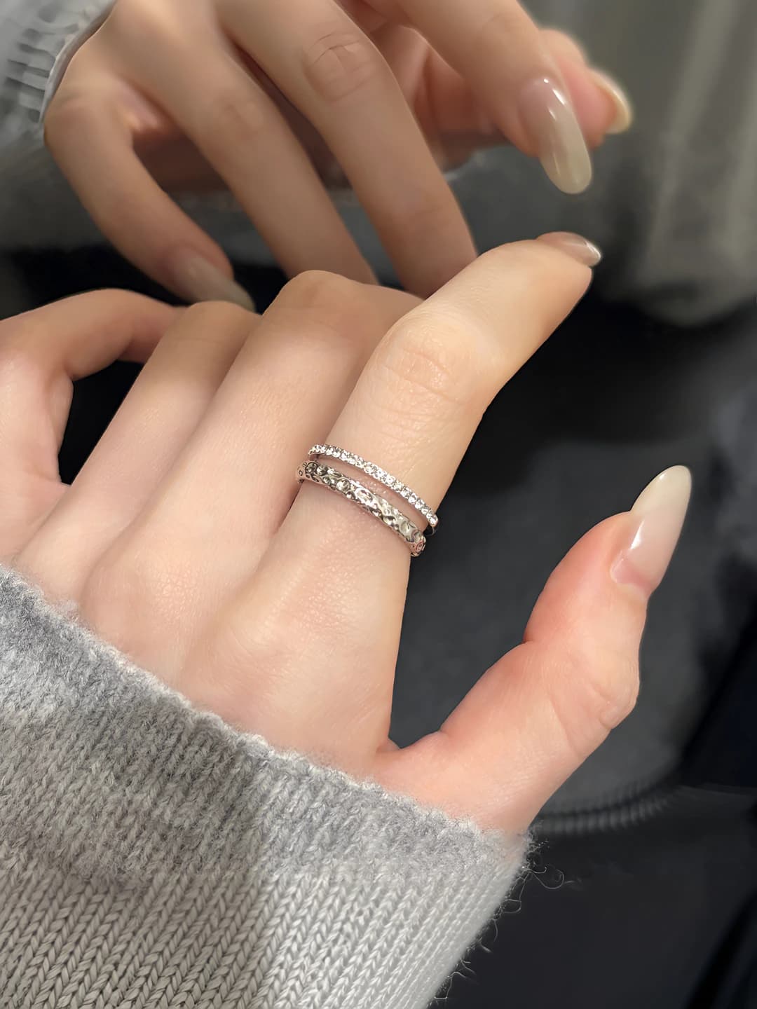 Women's retro simple cross multi-layer irregular open ring, silver color, diamond and geometric shape, floral pattern