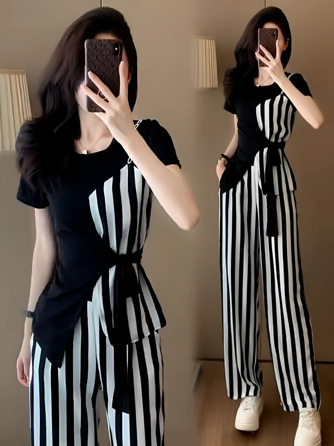 Women's 2026 summer casual set: t-shirt and striped wide-leg trousers, slimming sports style two-piece outfit
