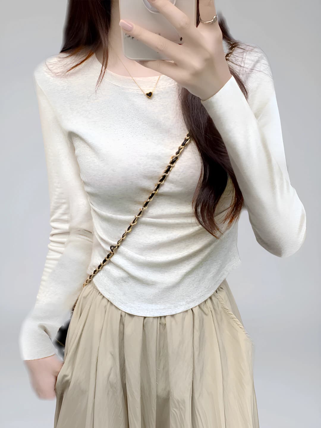 Women's 2026 autumn long-sleeve base top, slim fit, crew neck, solid colour, pure cotton
