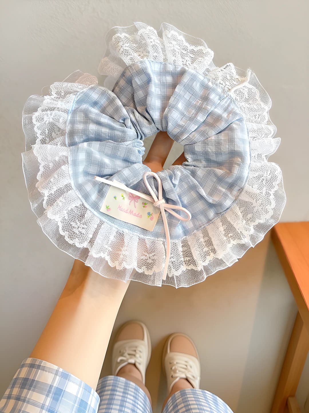 3# Blue plaid hair tie ~20 cm