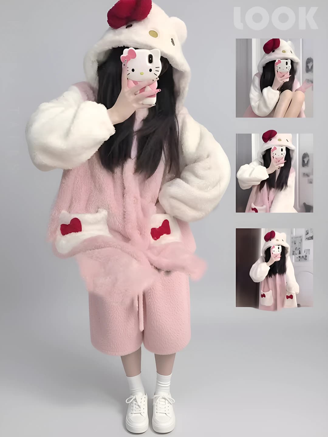 Women's thickened warm winter fleece pajama robe with cute kitten pattern