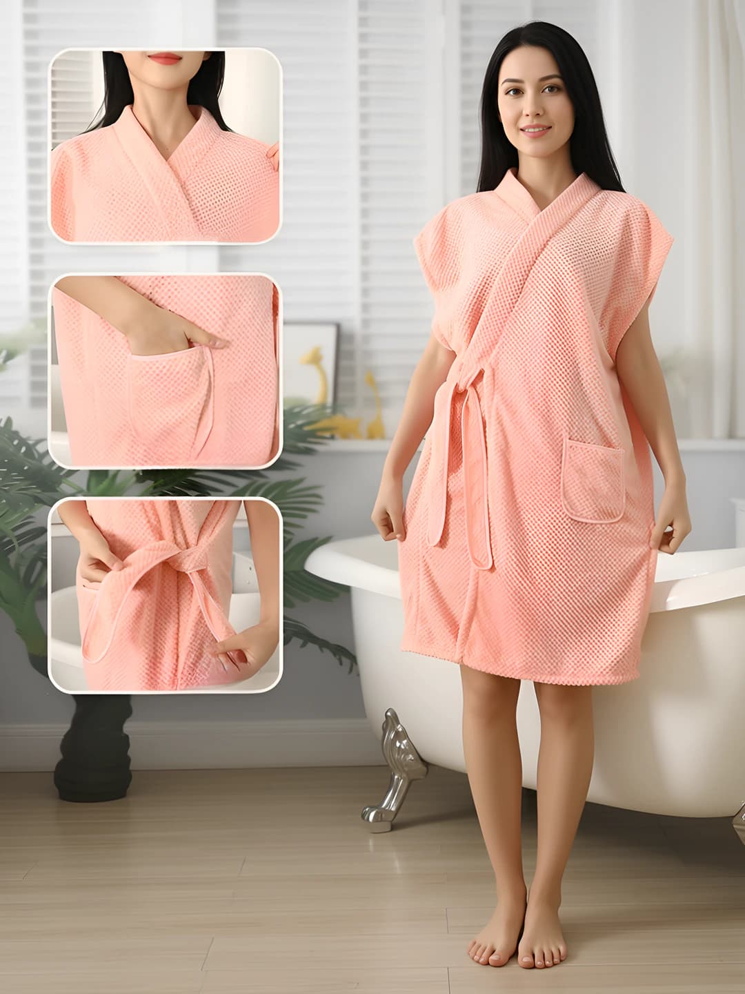 Women's short sleeve coral fleece house robe, thickened, quick-dry, for summer