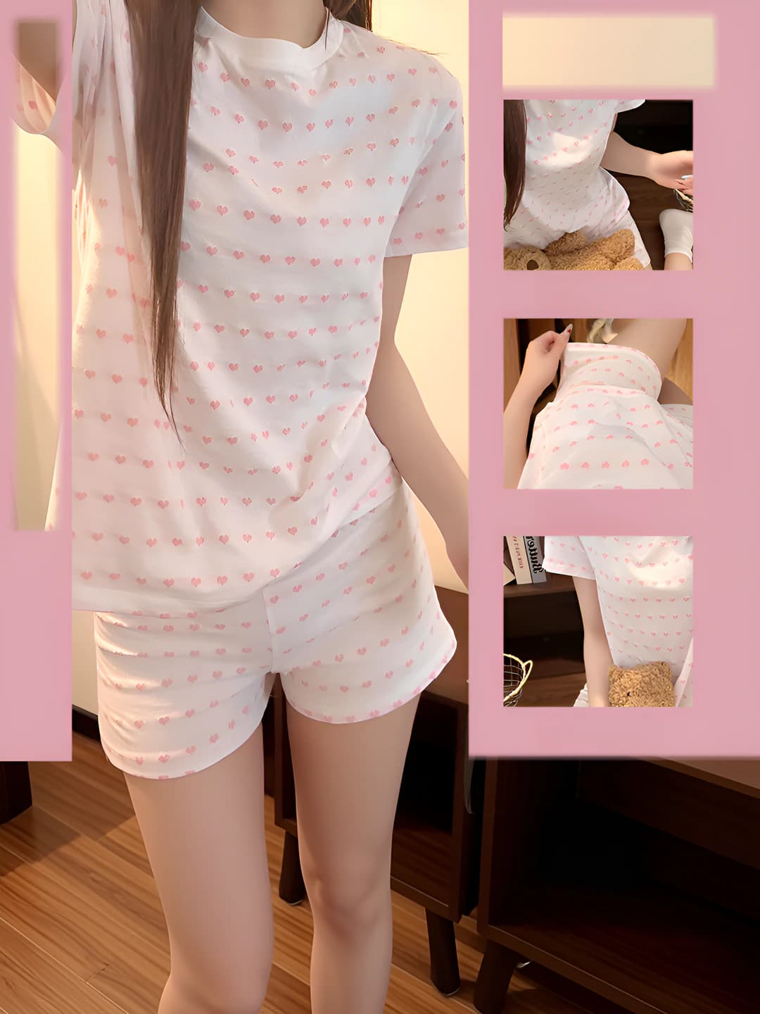 Women's short-sleeve thin pajama set with heart print, plus size, loungewear