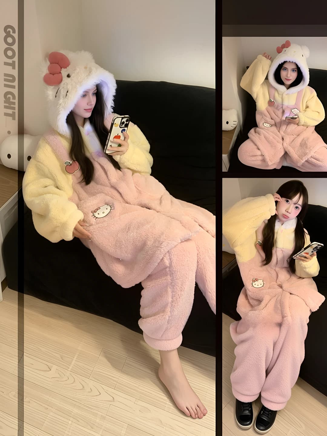Ayollar uchun Hello Kitty koral flis pijama to'plami, issiq astarli, qalinlashtirilgan, issiq saqlaydigan, qishki uy kiyimi