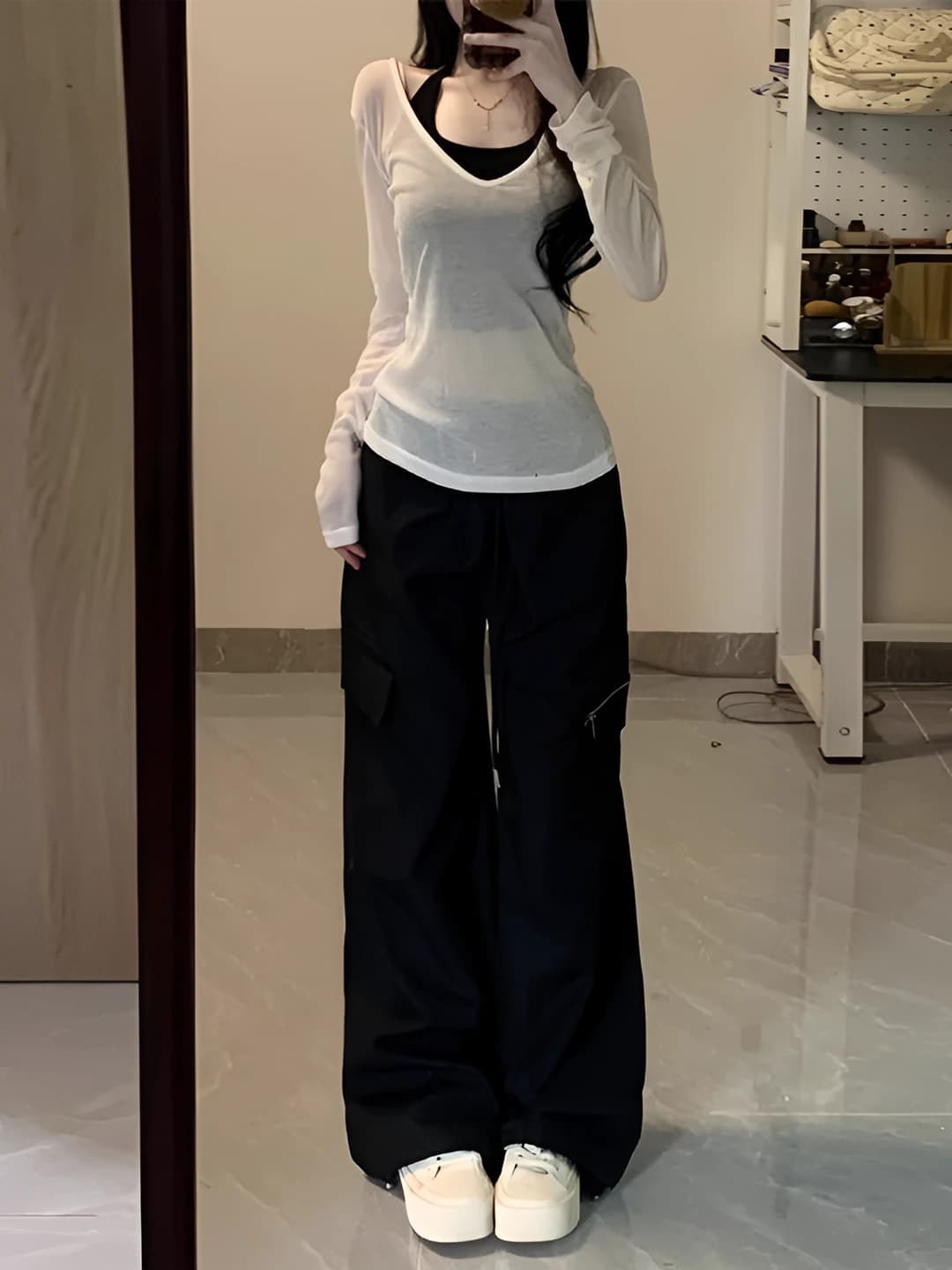 Women's two-piece set: long sleeve t-shirt and sun-protective tank top, solid colour, loose fit, U collar, casual style