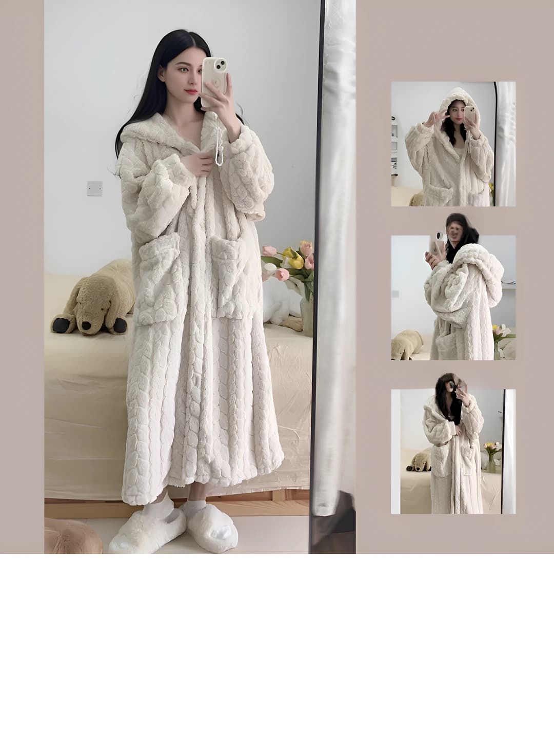 Women's winter long house robe, warm, coral fleece and de fleece fabric, solid colour, Korean style