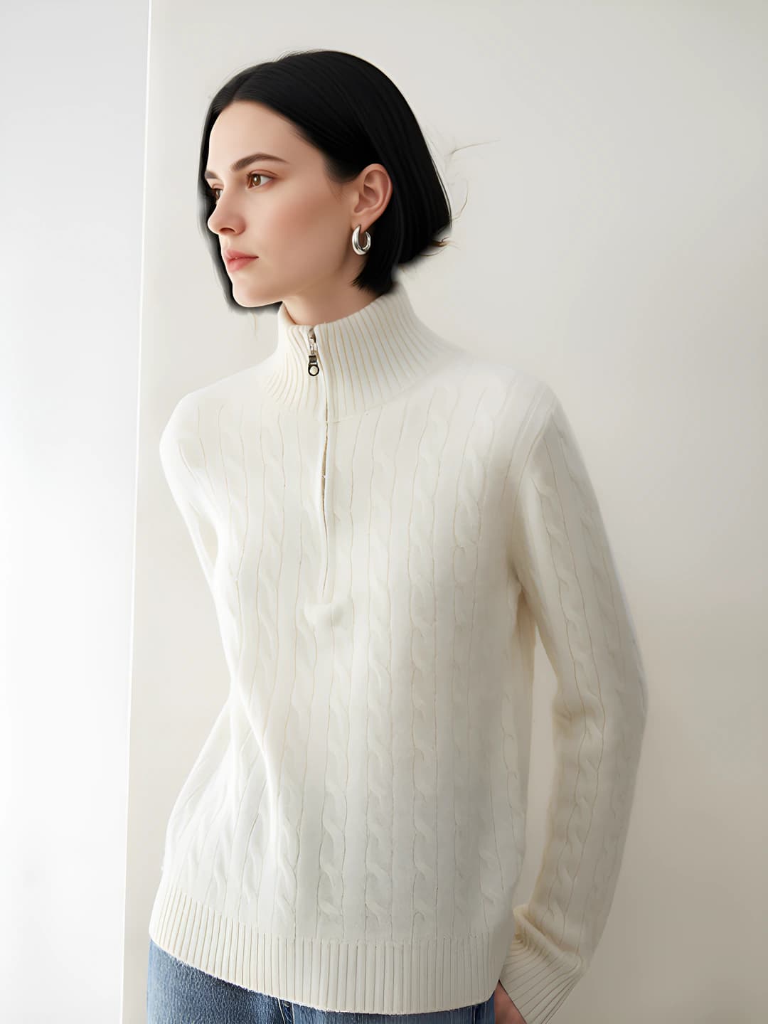 Women's 2026 autumn-winter cable knit sweater with stand collar and half-zip