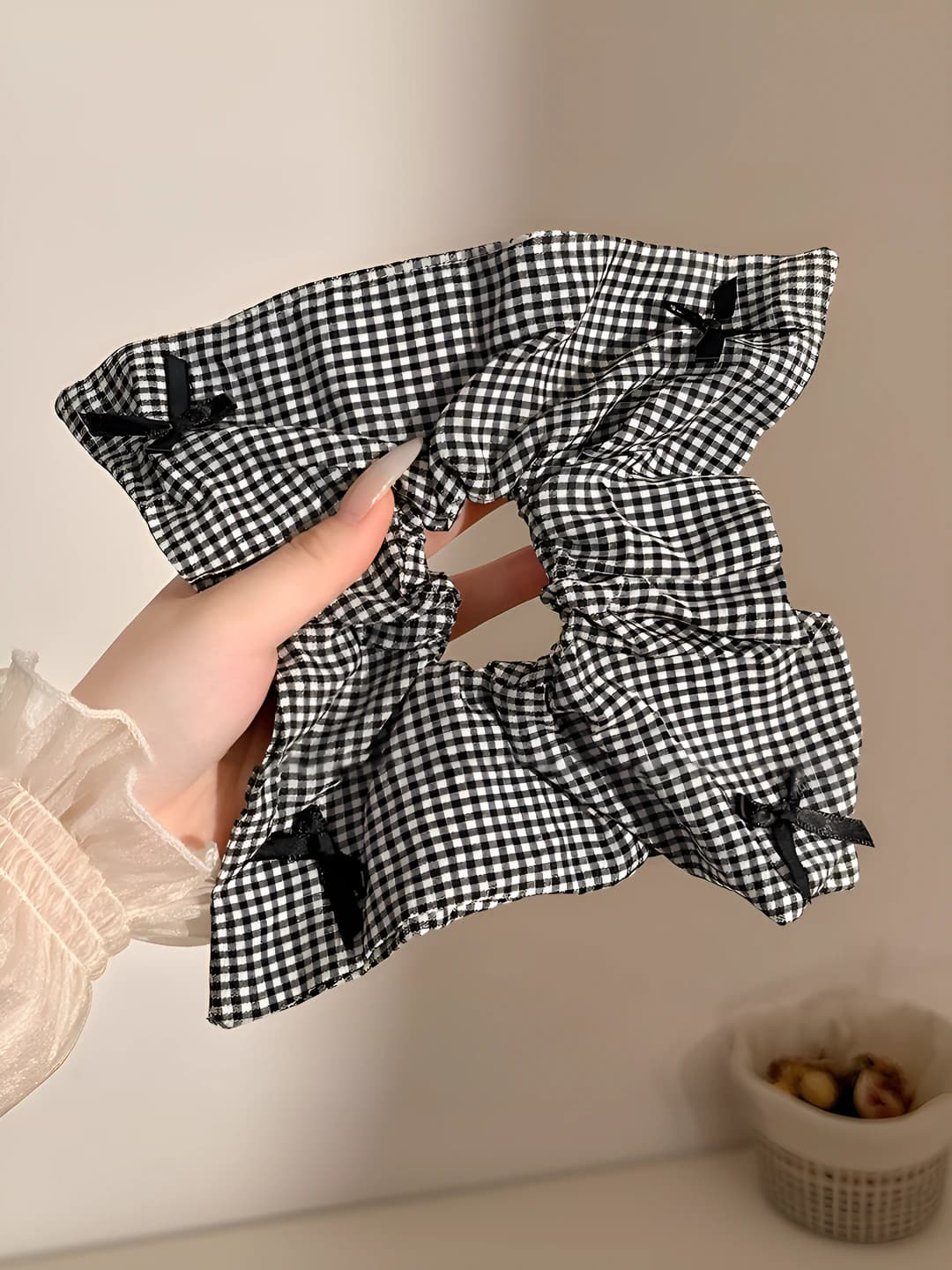 2# Black & white houndstooth bow scarf ~24*24 cm