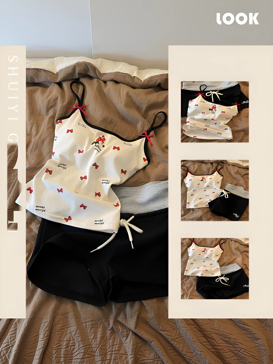 Women's summer pyjama set (camisole top and shorts), V-neck, sleeveless, thin, polyester, stylish and sweet
