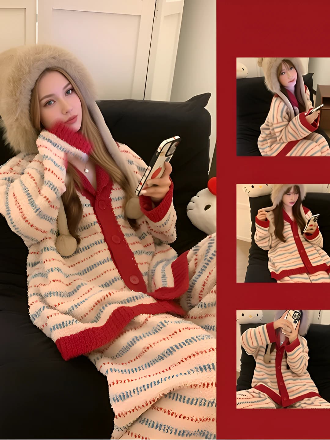 Women's fleece-lined striped loungewear set, thickened, long sleeve, V-neck, retro style, plus size, wearable outside, autumn-winter