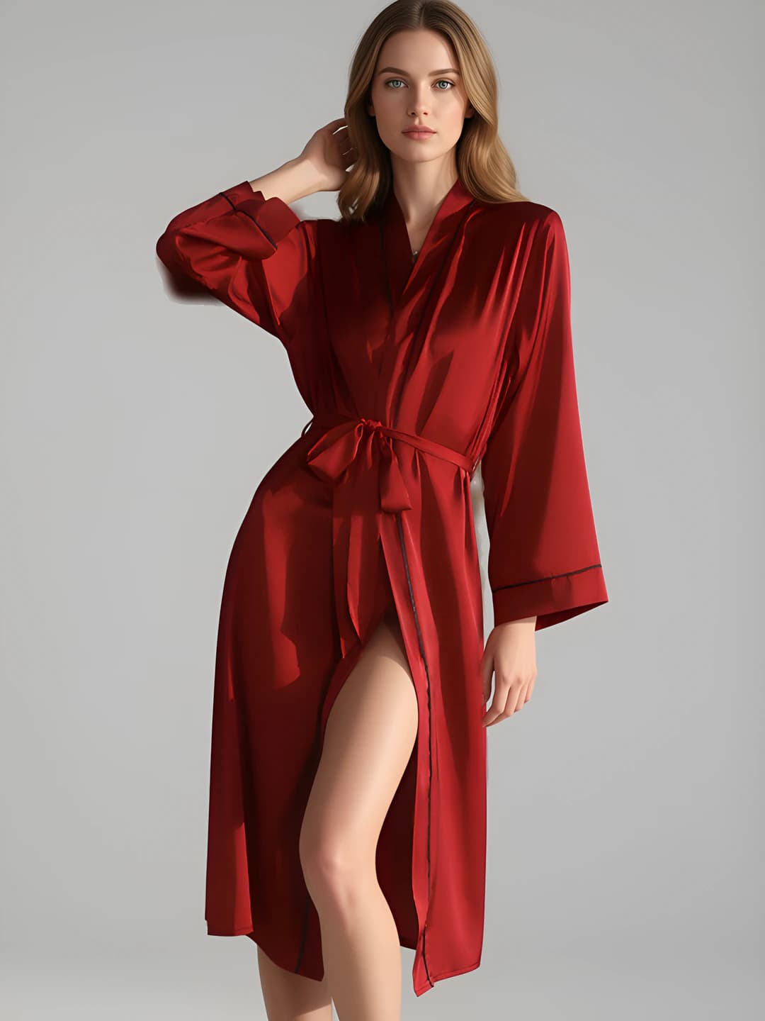 Women's satin house robe, V-neck, all-season, breathable, stretch, casual