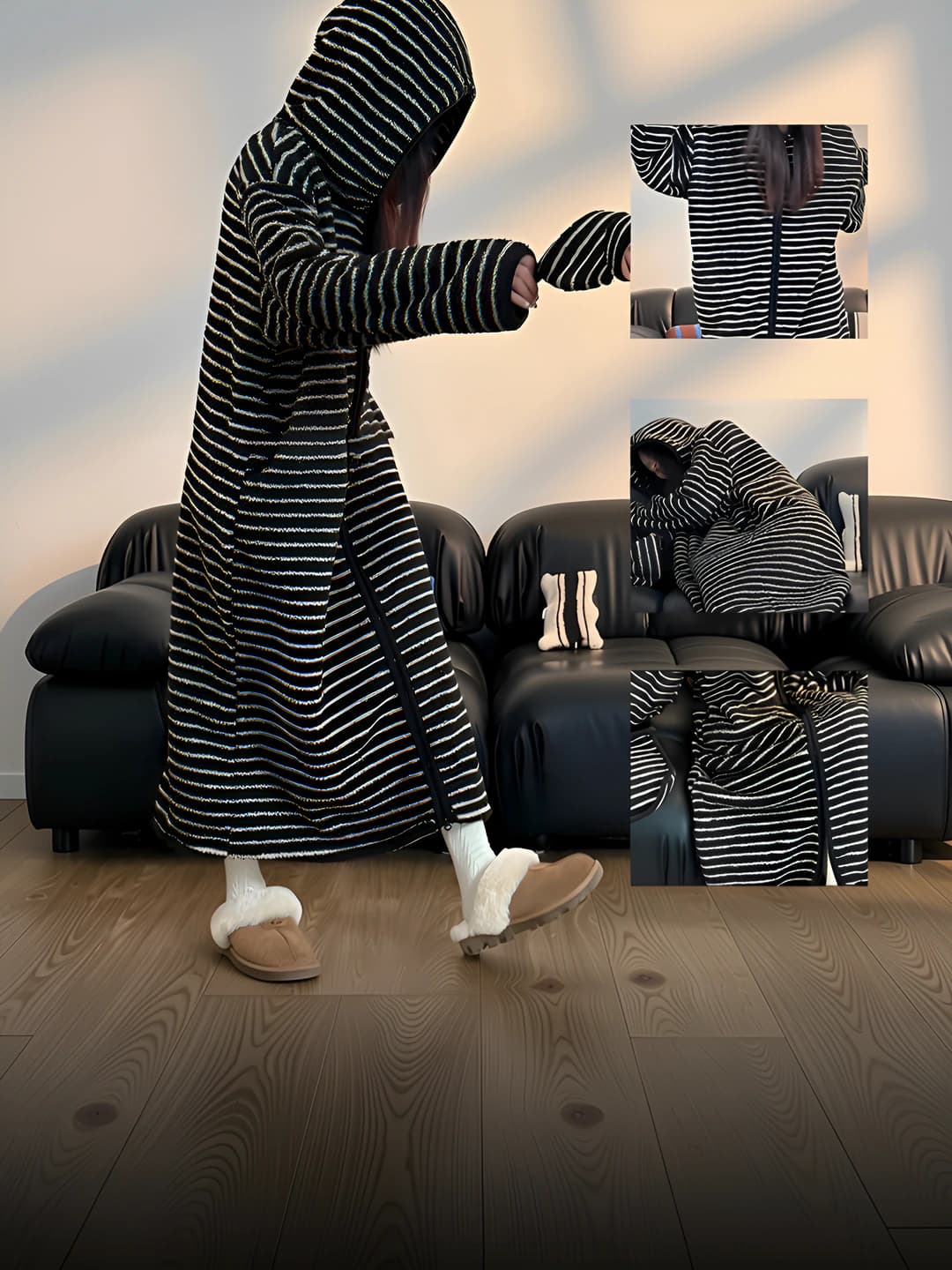 Women's Korean style striped coral fleece robe, thickened, plus size, autumn-winter 2026