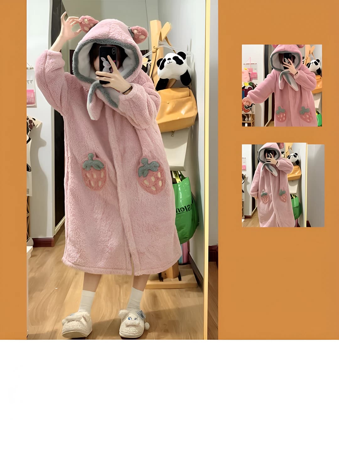 Women's fleece-lined coral fleece house robe, thickened, for winter and autumn, crew neck, cartoon style