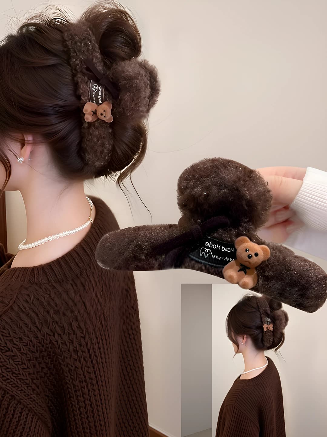 Ayollar uchun kuz-qish plush soch toʻgʻnagʻichlari va taroqlar, qoʻlda ishlangan, katta oʻlchamli, koʻp soch uchun, ayiq dizayn elementi, xafiza uslubidagi bosh kiyim