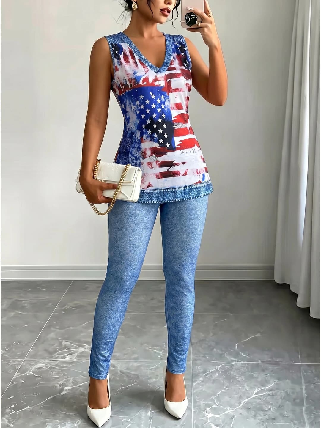 Women's casual clothing set: sleeveless printed top and slim fit trousers