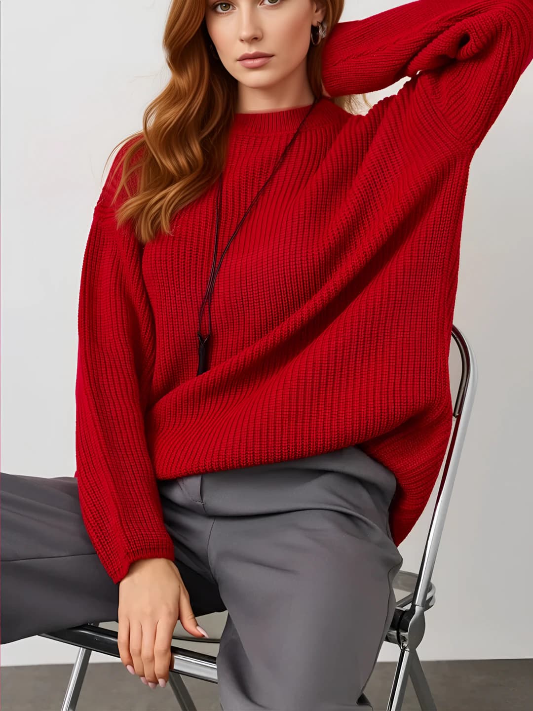 Women's autumn-winter knit top, solid colour, slim fit, crew neck, long sleeve