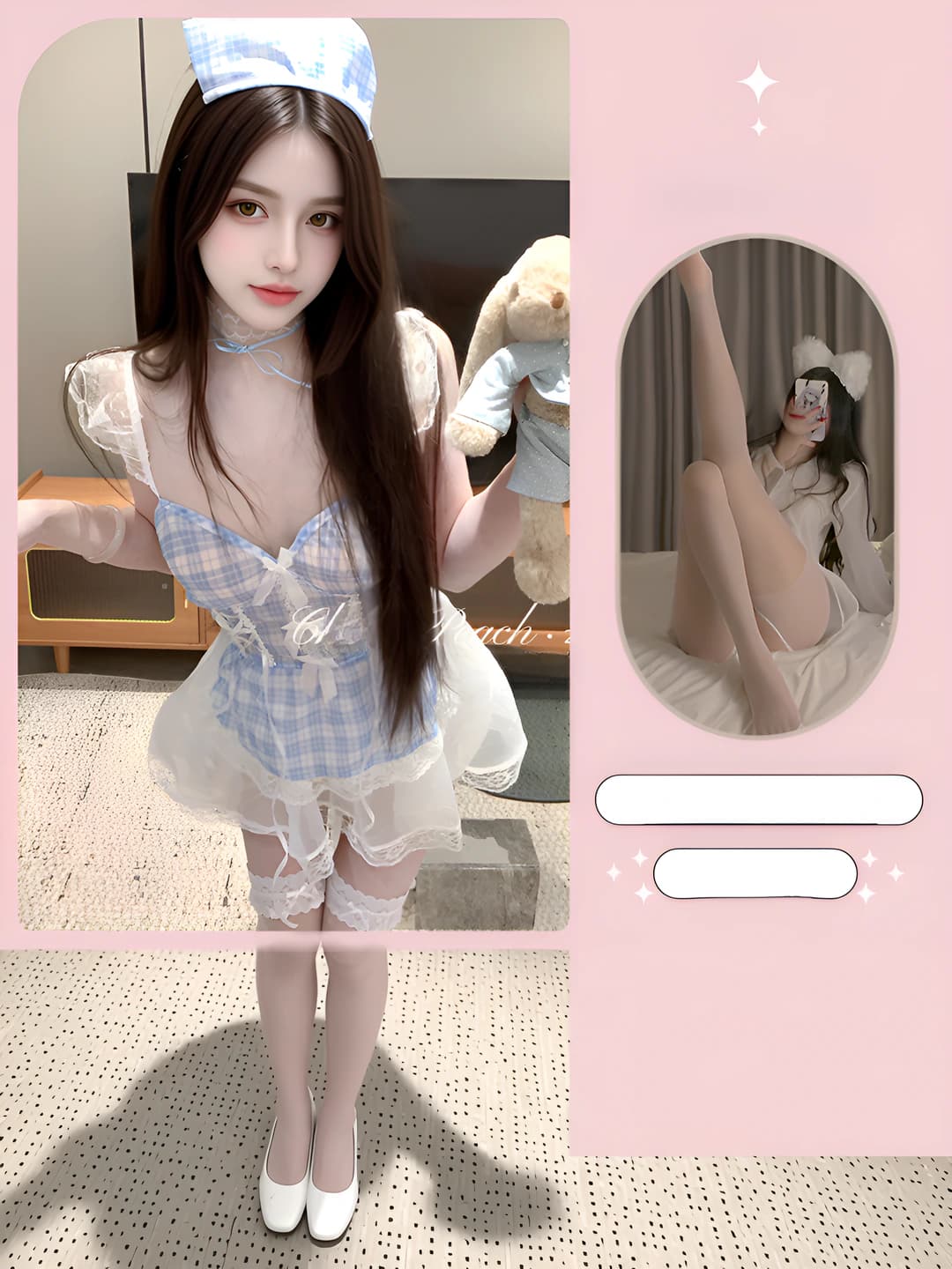 Сине-белый [ободок + тюлевая юбка + T-шорты] + белые открытые чулки