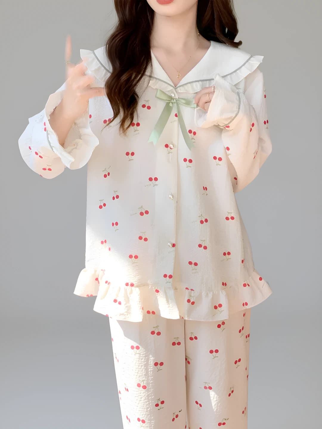 Women's spring-autumn pajama set 2026, cherry bow, casual, loungewear