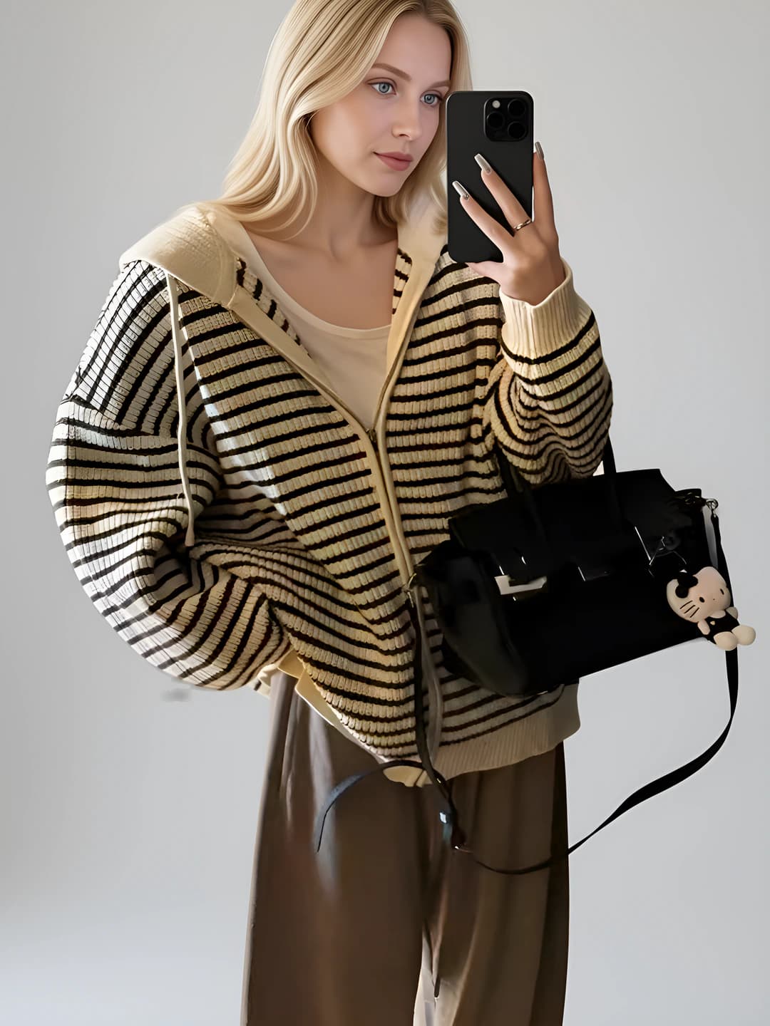 Women's striped zip-up cardigan 2026 autumn-winter, loose fit