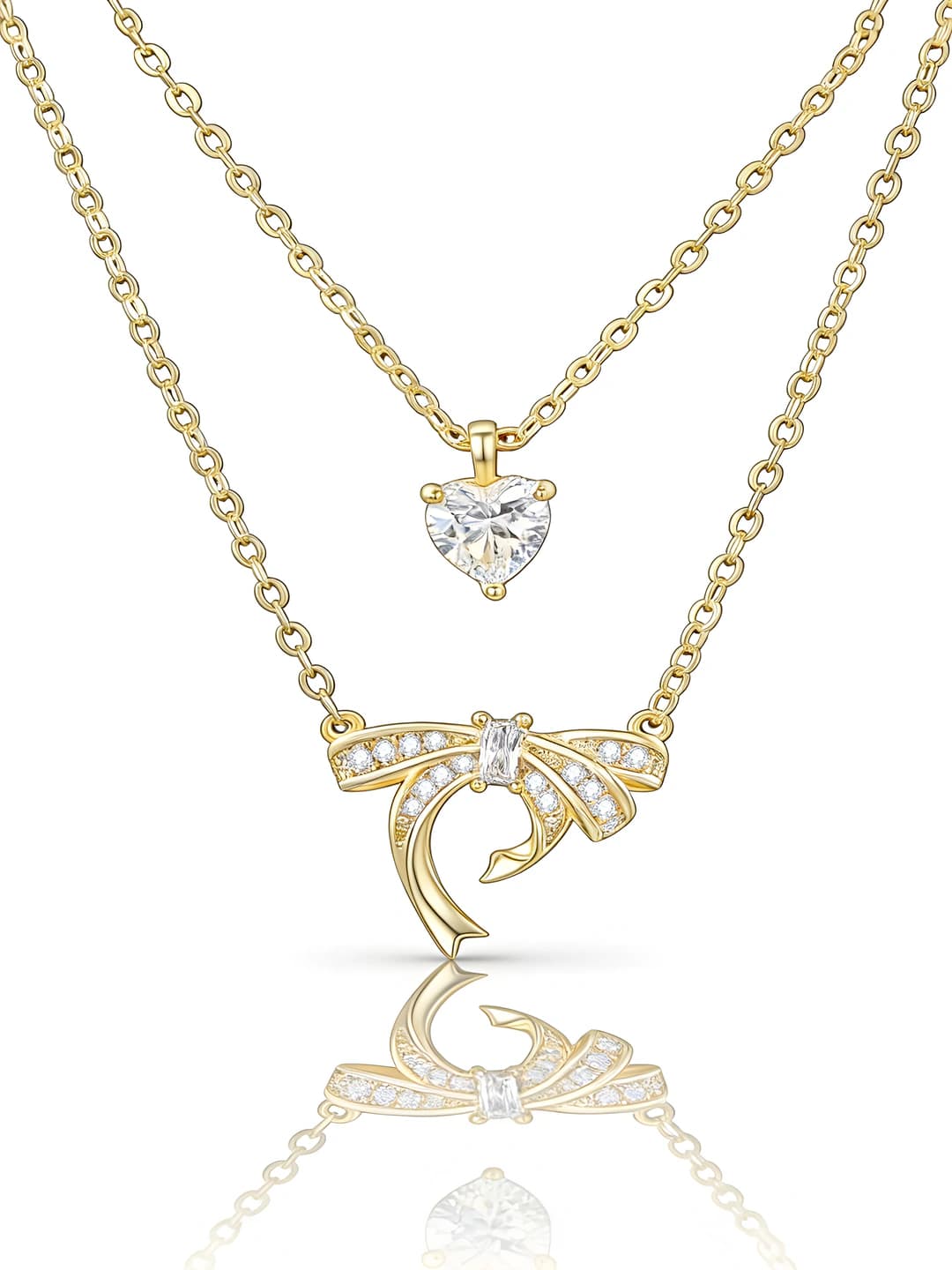 Women's two-layer copper alloy necklace with bow and heart pendant, O chain, 41-50 cm, chic style