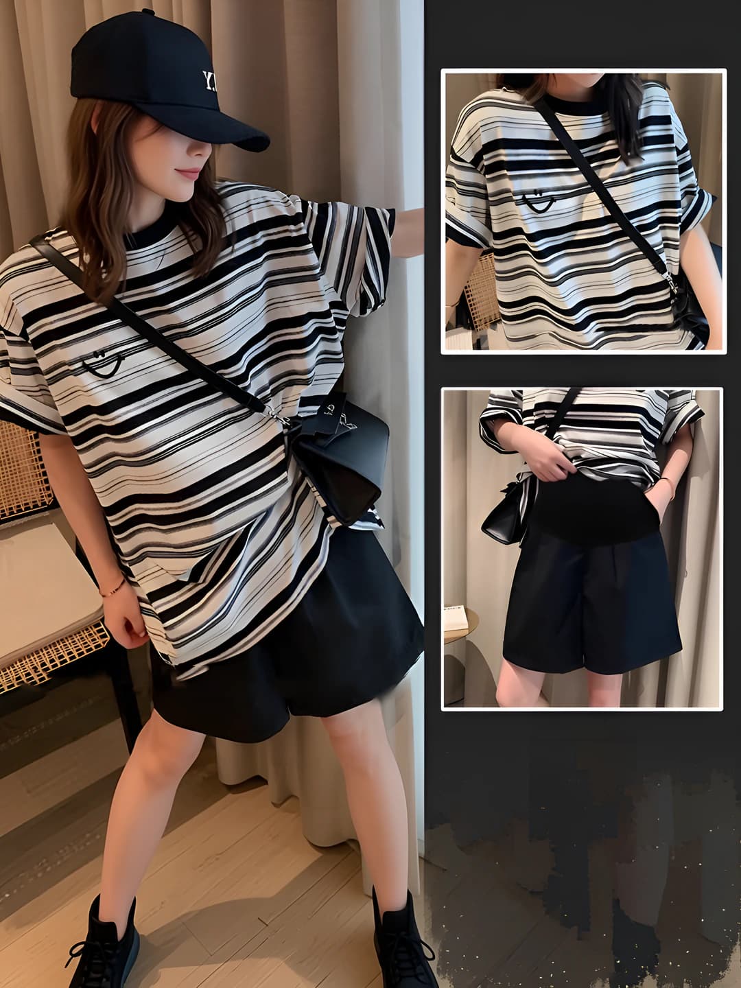 Women's 2026 summer striped short-sleeve t-shirt and shorts set, thin fabric, Korean style, loose fit