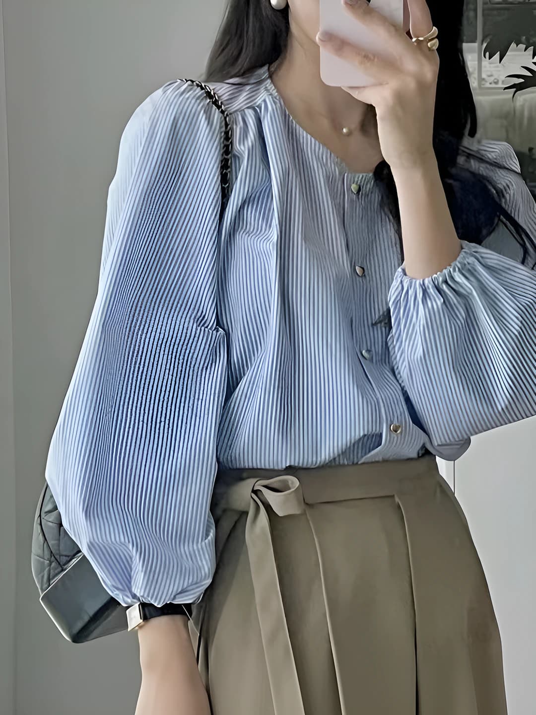 Women's 2026 spring-autumn striped crew neck long sleeve slim fit blouse
