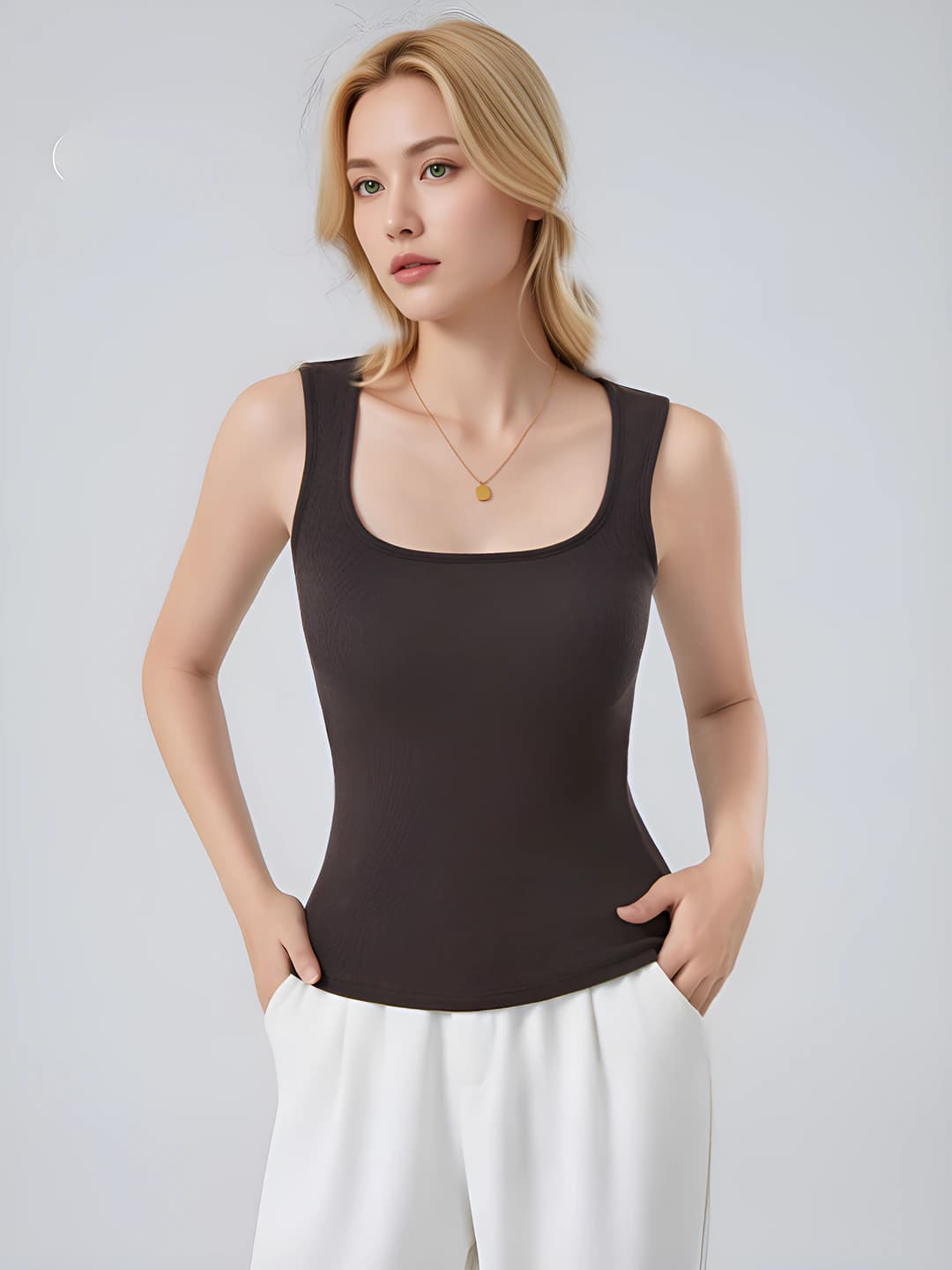 Women's fleece-lined, thickened, slim fit, solid colour thermal base-layer tank top (thermal underwear top)