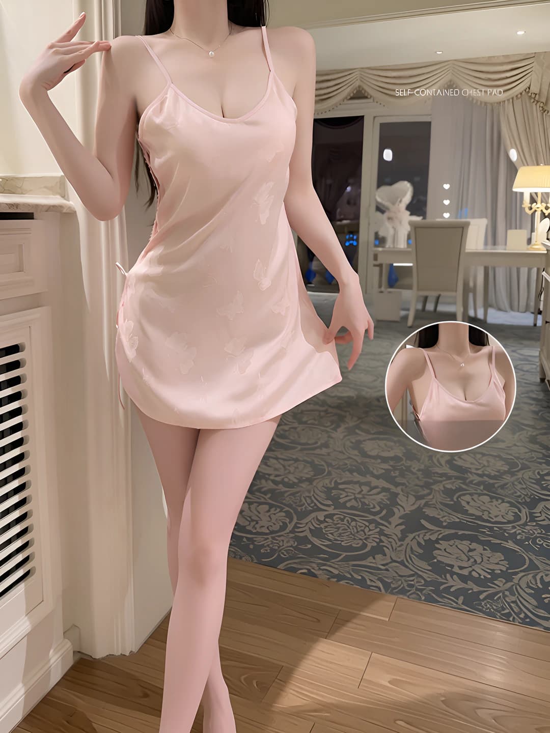 Women's printed satin nightgown set: deep V-neck, sleeveless, stretch, breathable, all-season