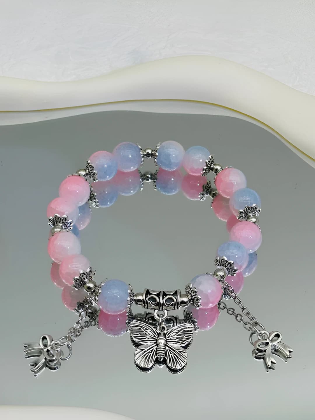 Jade pink butterfly double tassel bracelet #SZ477