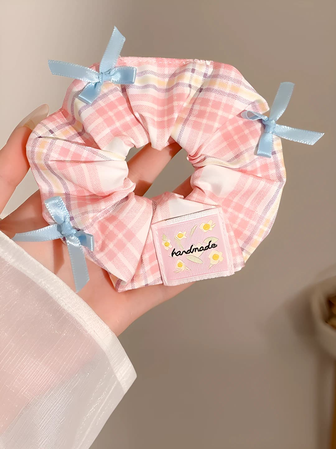 Розовая клетка, бант, 11 см