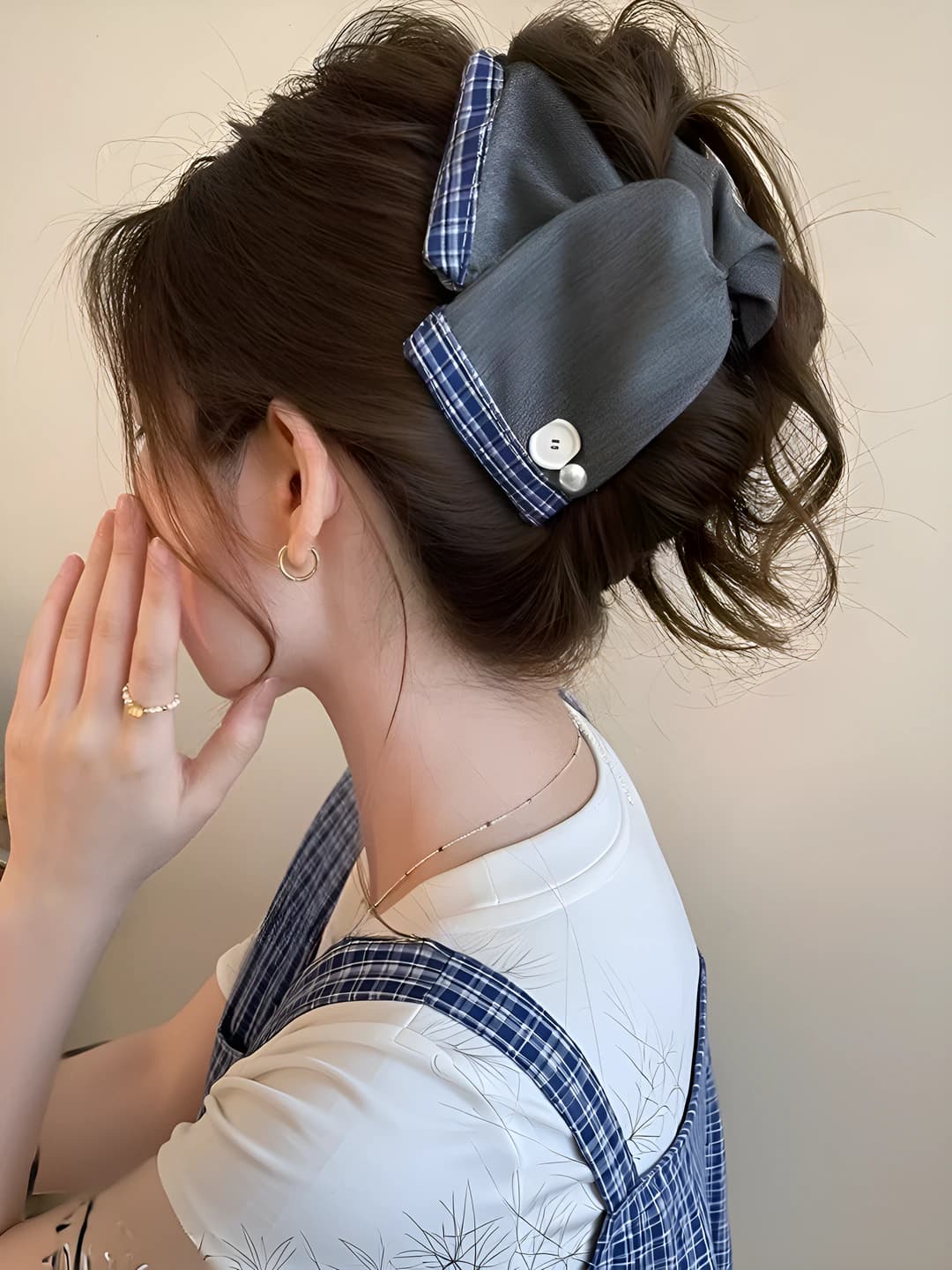7# Grey, blue plaid, pearl