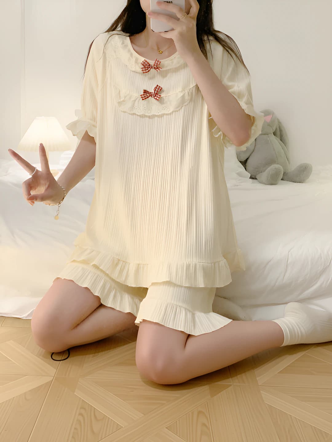 Women's summer lace pajama set with bow and ruffles, lapel collar, short sleeve (top and shorts)