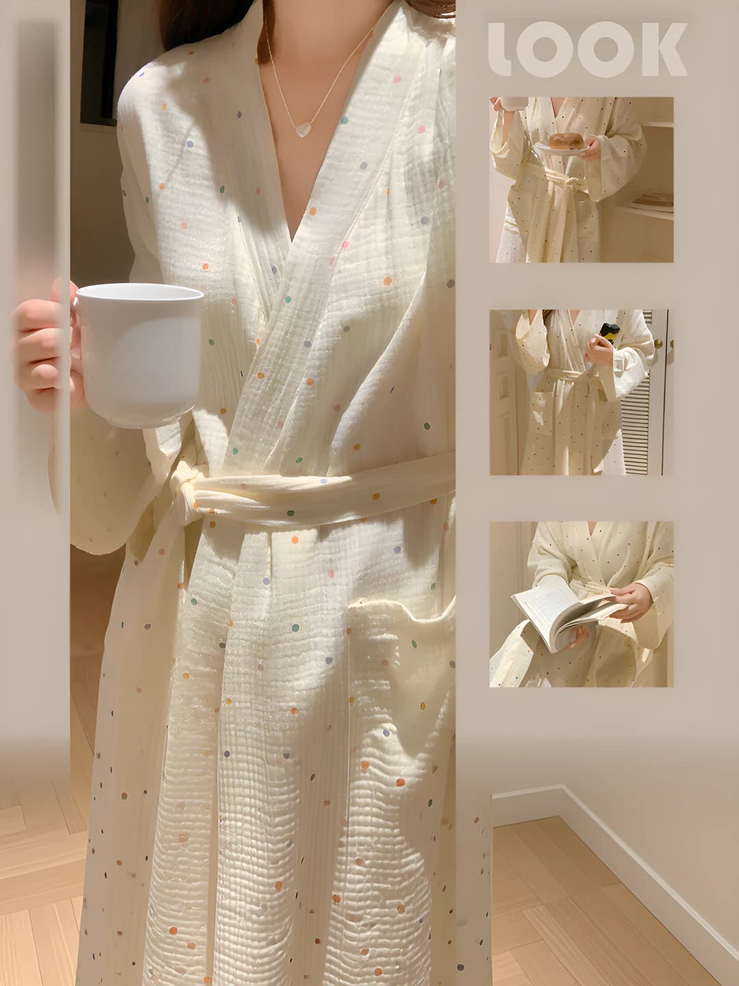 Women's house robe with V-neck, long sleeve, printed, for winter, spring and autumn
